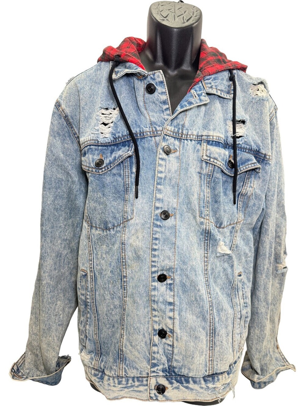 Forever 21 Mens Denim Jean Jacket Hoodie Red Plaid Flannel Hood XL Distressed